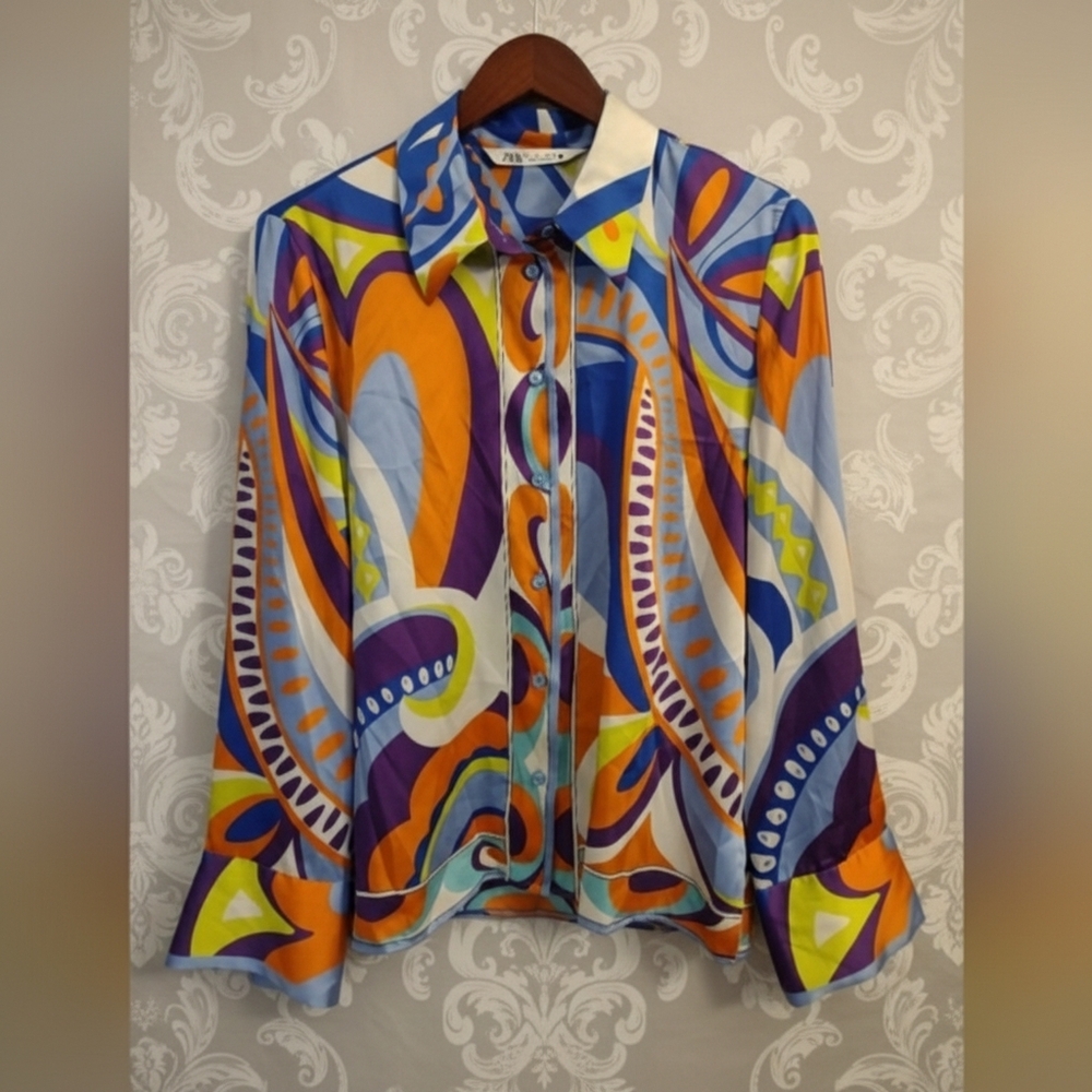 ***SOLD 2/8/25***Zara Retro Swirl Print Button Down Shirt Size Large - Picture 1 of 14